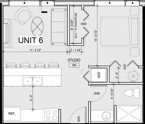 Floor plan for studio, 1 bath, 588 sqft